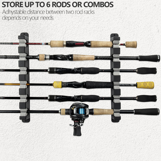 THKFISH Vertical / Horizontal Wall Mount Fishing Rod Rack - Store 6 Rods