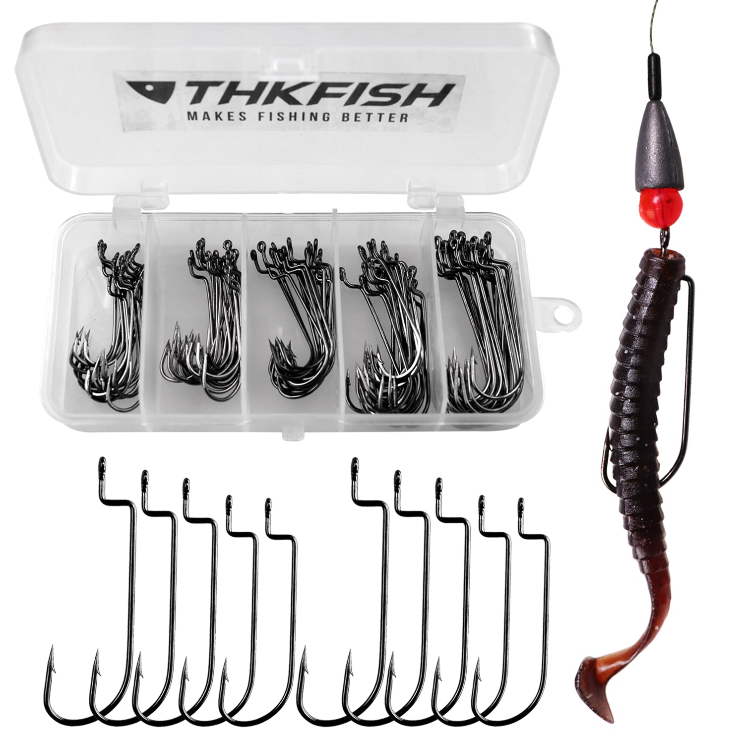 THKFISH 100PCS/50PCS Offset Worm Fishing Hooks, five sizes-50pcs