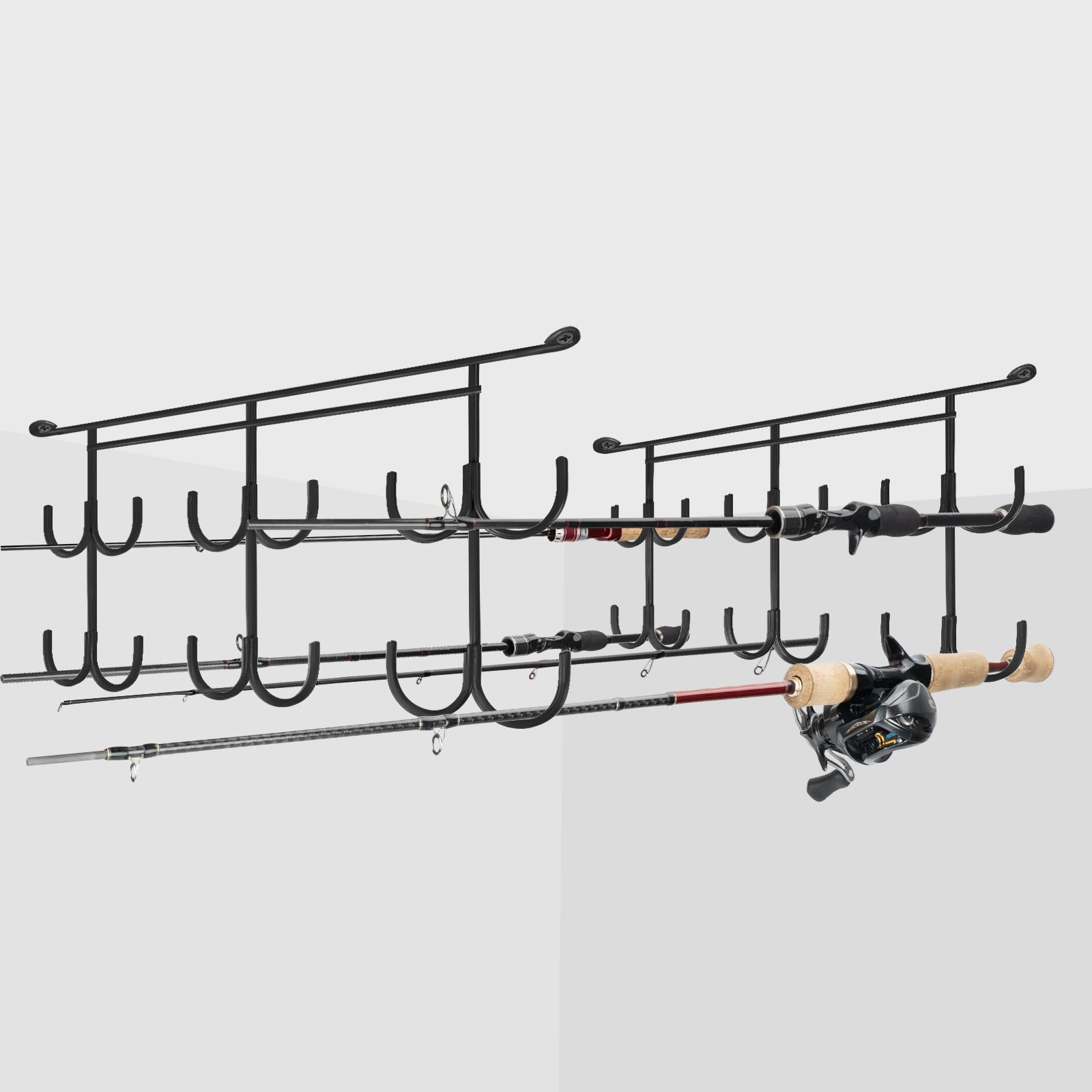 Hikeen Fishing Rod Wall Rack – Holds Up To 10 Rods, Garage Storage