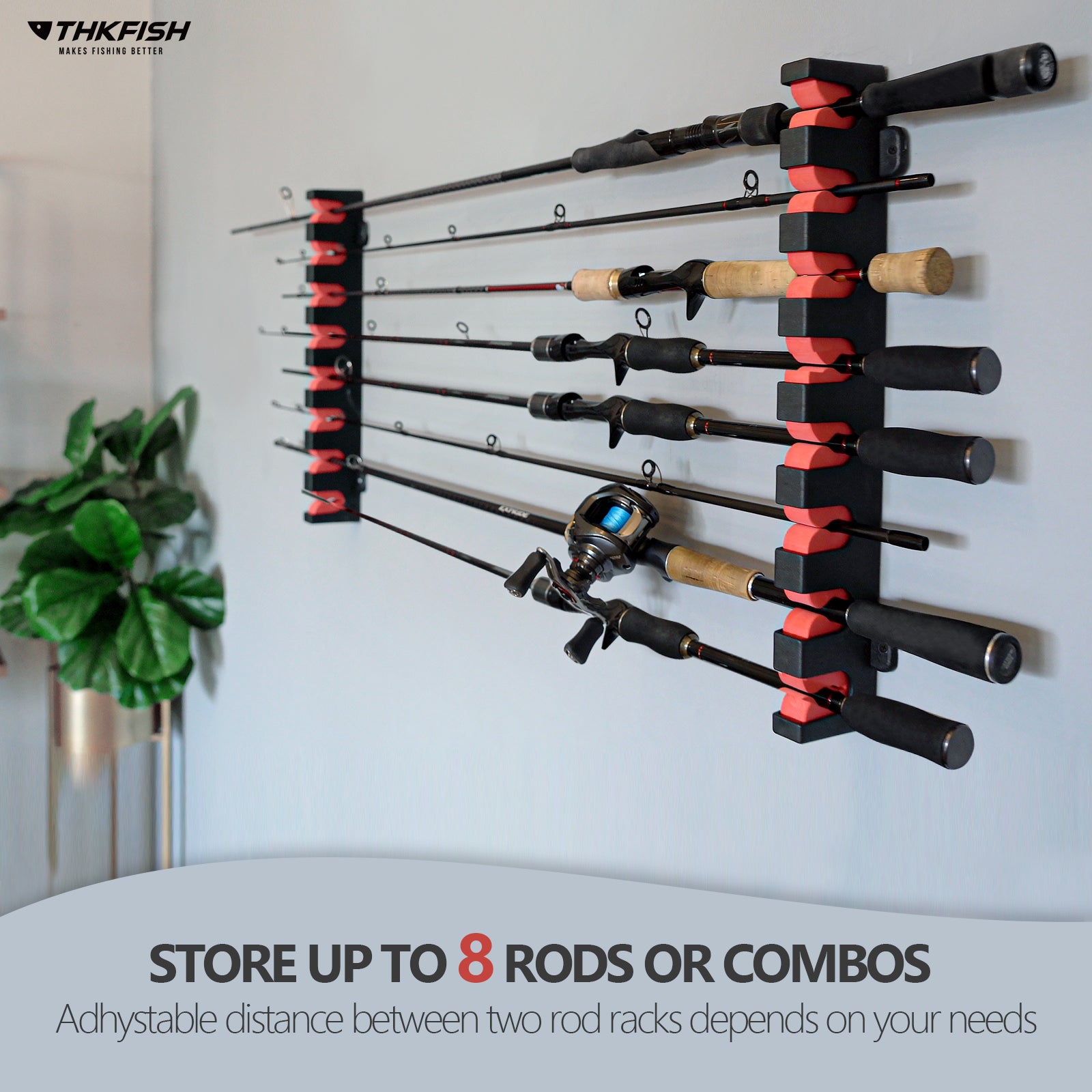 THKFISH Wall Mount Horizontal Fishing Rod Rack - Store 8 Rods, Black-Horizontal THKFISH Wall Mount Horizontal Fishing Rod Rack - Store 8 Rods, Black-Horizontal
