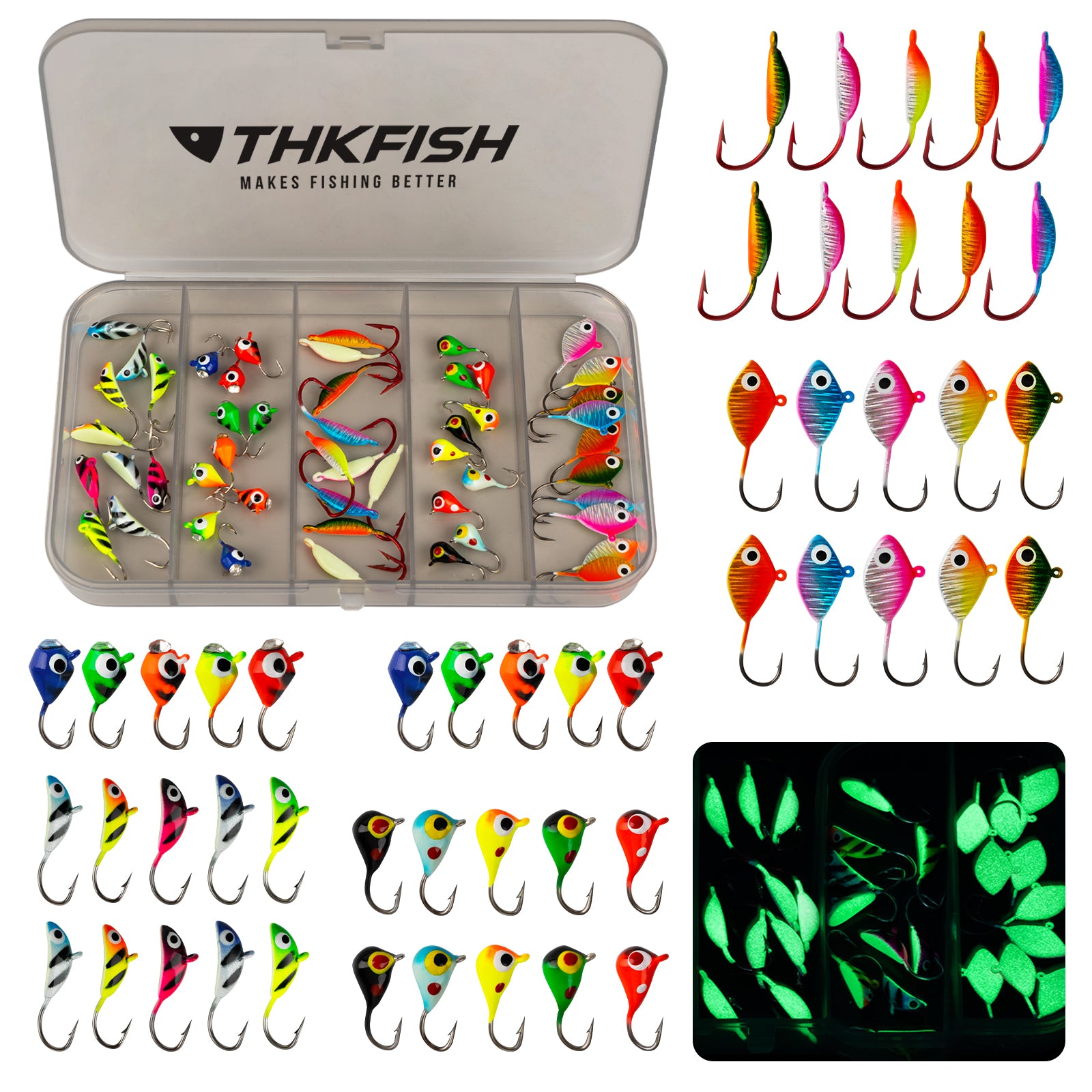 THKFISH 50PCS Ice Fishing Lures Jigs Kit for Walleye Perch
