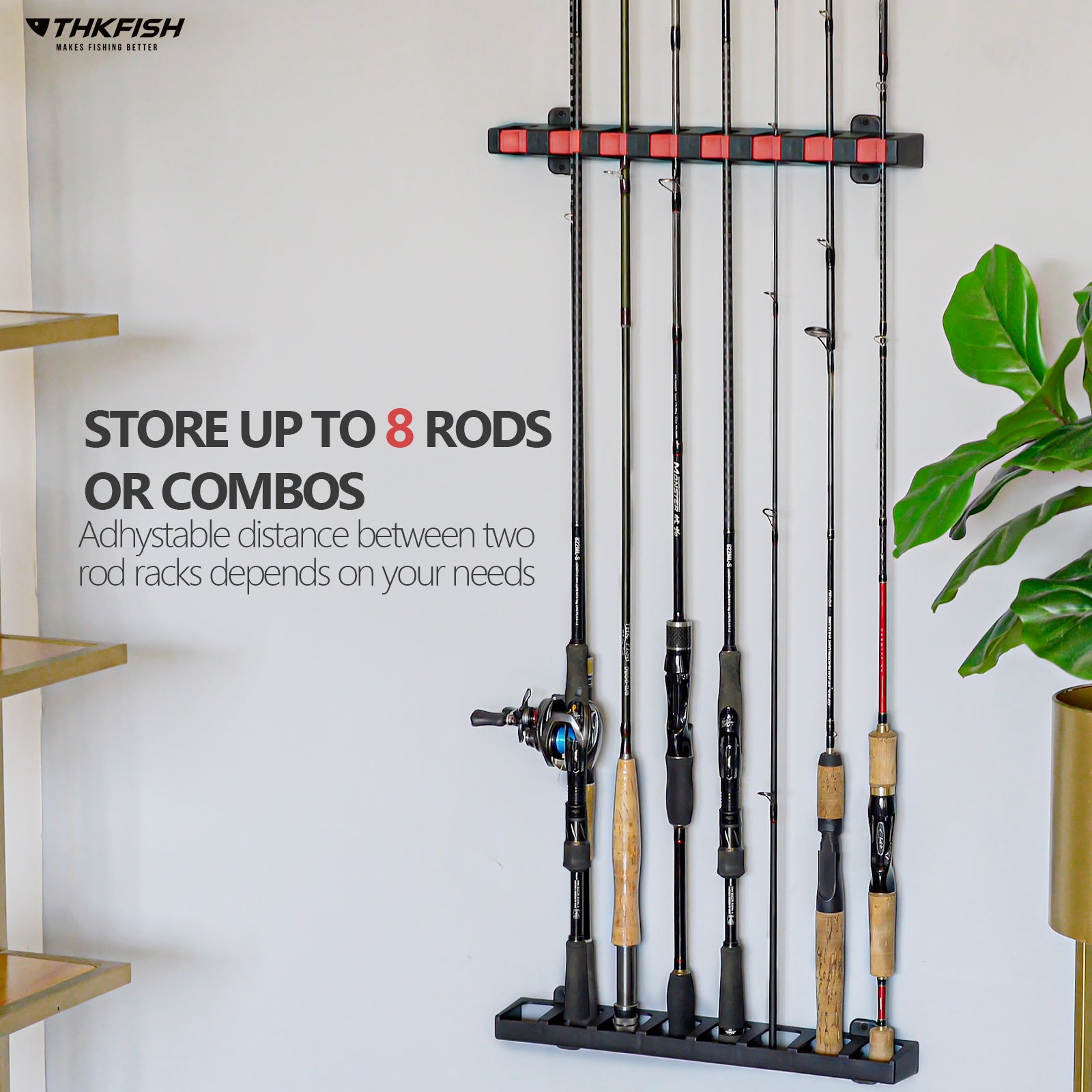 THKFISH Wall Mount Vertical Fishing Rod Rack Holds 8 Rods, Blue