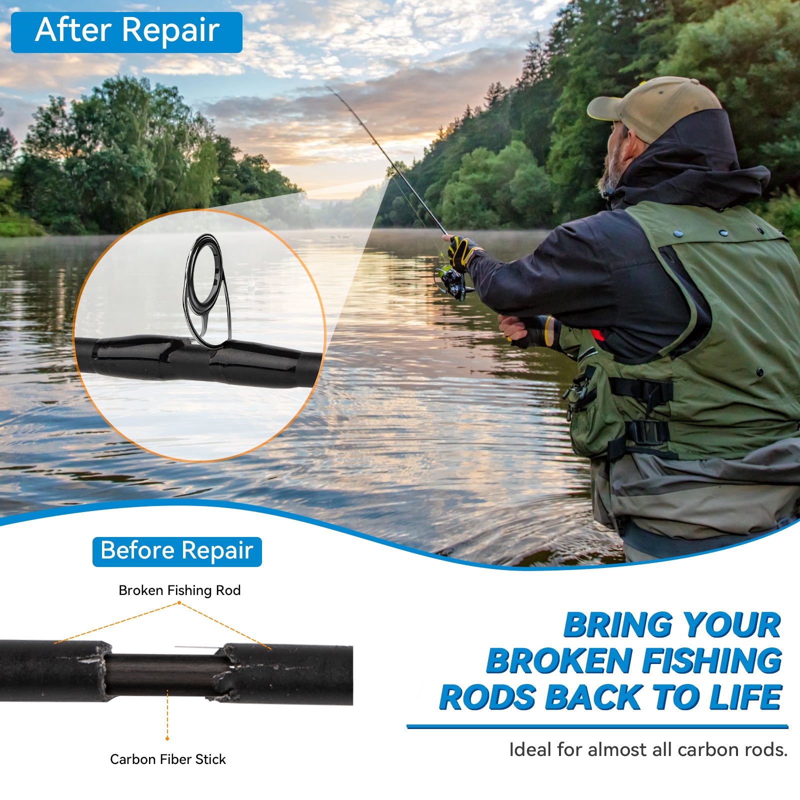 THKFISH Fishing Rod Repair Kit with Carbon Fiber Sticks