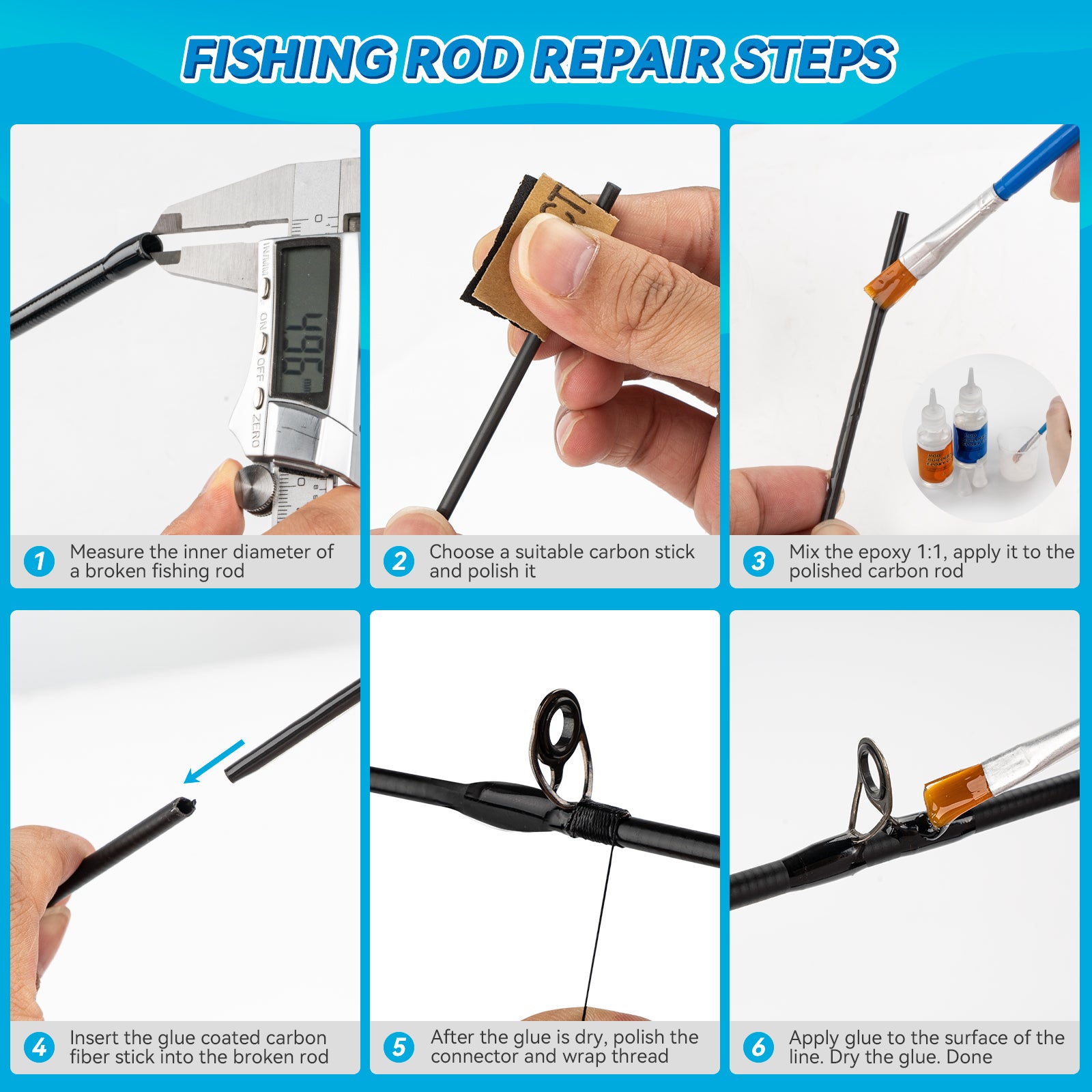 THKFISH Fishing Rod Repair Kit with Carbon Fiber Sticks