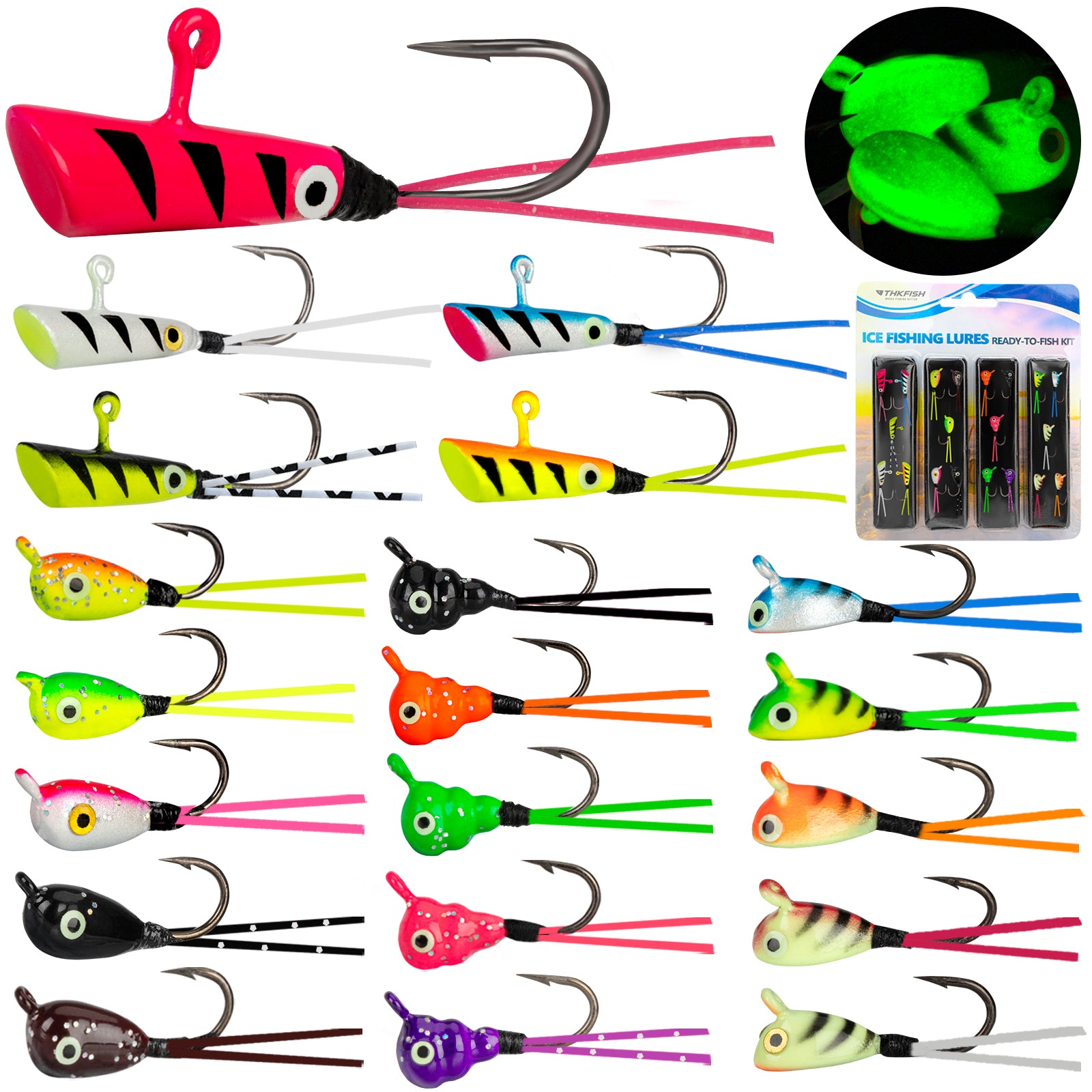crappie lures ice fishing THKFISH Ice Fishing Jigs Ice Fishing Gear Hard Fishing Lures and Jigs Walleye Ice Fishing Kit Panfish Pike Jigs 20PCS series:PENN Warfare ExOfficio Give-N-Go Sport 2.0 Colors with jig paint Line Test:200LB