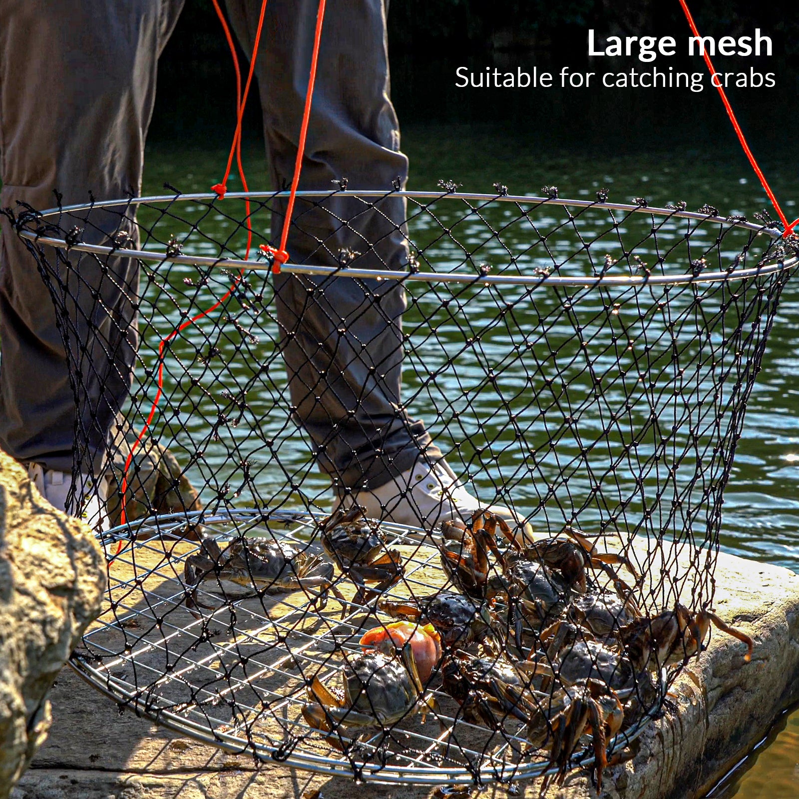 crab trap fishing pole net THKFISH Crab Ring Trap Bait with Crab Gauge Measure Balck-Standard-L