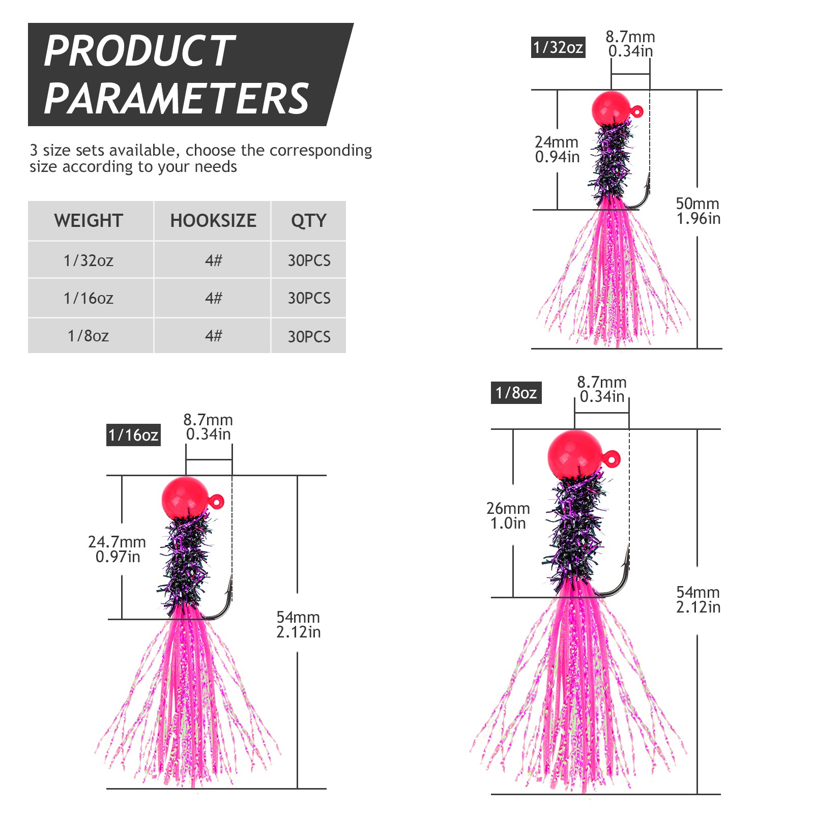 THKFISH 30pcs Crappie Feather Jighead Marabou Jig Hook Kit