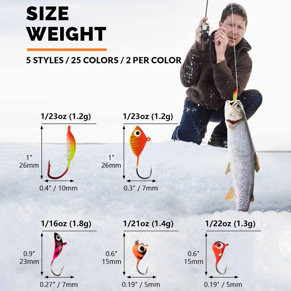 Plusinno 50pc Ice Fishing Jigs Kit - Tungsten Lures For Walleye, Perch, Crappie, Panfish