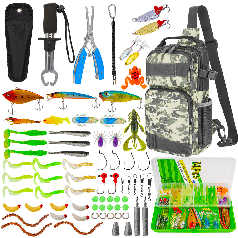 accessories for fishing THKFISH Fishing Backpack with Tackle Box and 74pcs Fishing Tool Kit, Camouflage