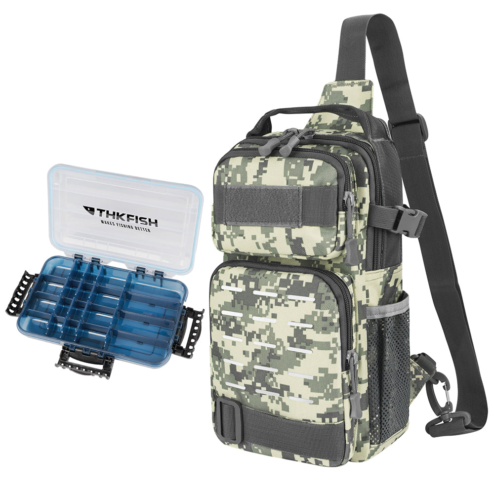 THKFISH Waterproof Fishing Backpack with 3600 Tackle Box, Black Camo Crossbody Bag + 1 Tackle Box